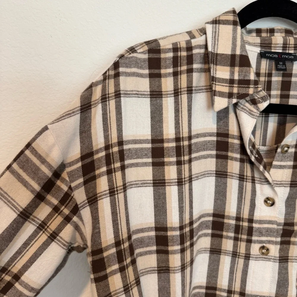 Moa Moa Brown Plaid Long Sleeve Cropped Shirt - Picture 2 of 6